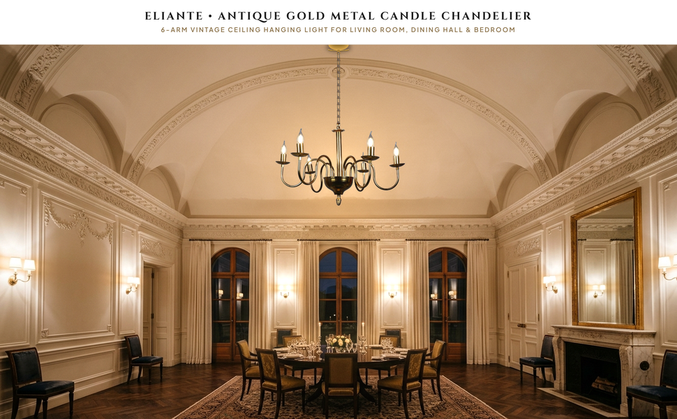 ELIANTE Antique Gold Metal Candle Chandelier Light – 6 Arm Vintage Ceiling Hanging Chandelier for