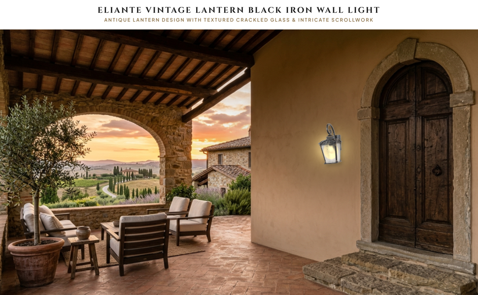 ELIANTE Antique Vintage Lantern Style Black Iron Wall Light for Balcony, Bedroom, Living Room and