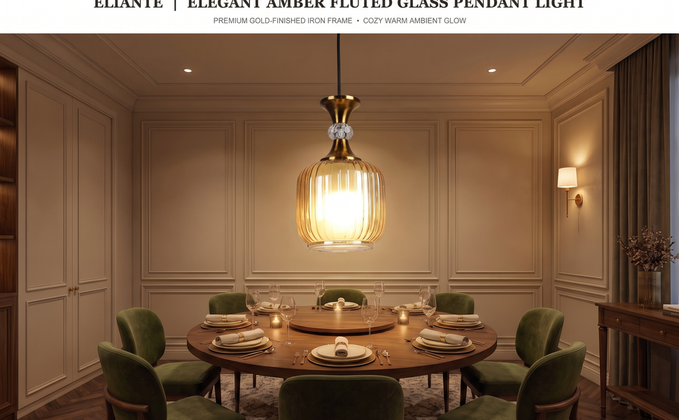 ELIANTE Elegant Amber Fluted Glass Hanging Light Modern Iron Pendant Lamp in Gold Finish for Living
