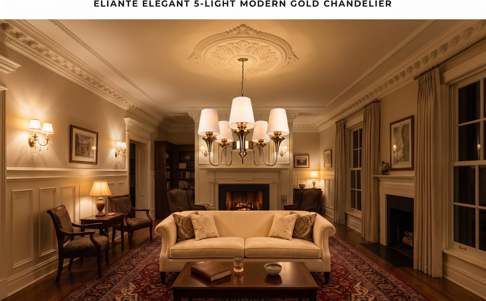 ELIANTE एलिगेंट 5-लाइट मॉडर्न आयरन चंदेलियर गोल्ड, व्हाइट फैब्रिक शेड्स हैंगिंग सीलिंग लैंप के लिए
