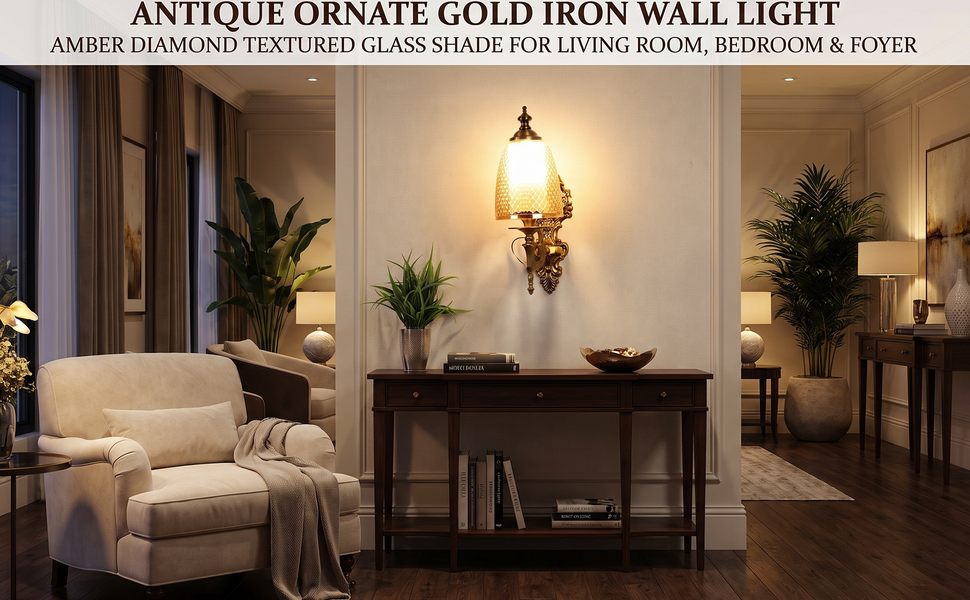 ELIANTE Antique Ornate Gold Iron Wall Light with Amber Diamond Textured Glass Shade for Living