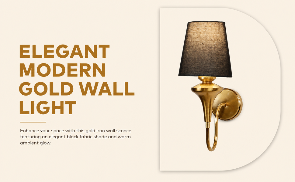 Elegant Modern Gold Wall Light with Black Fabric Shade