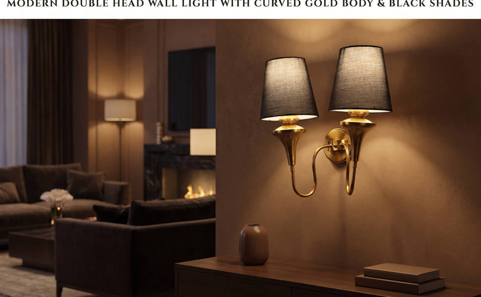 ELIANTE Modern Double Head Wall Light with Curved Gold Iron Body and Tapered Black Fabric Shades,