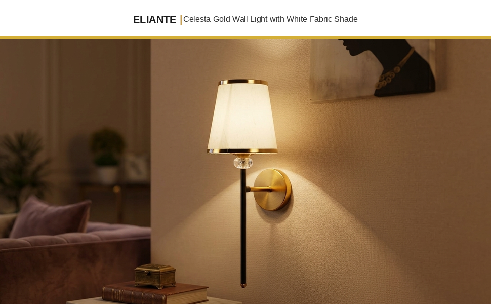 ELIANTE Celesta Gold Wall Light with White Fabric Shade Hero Lifestyle