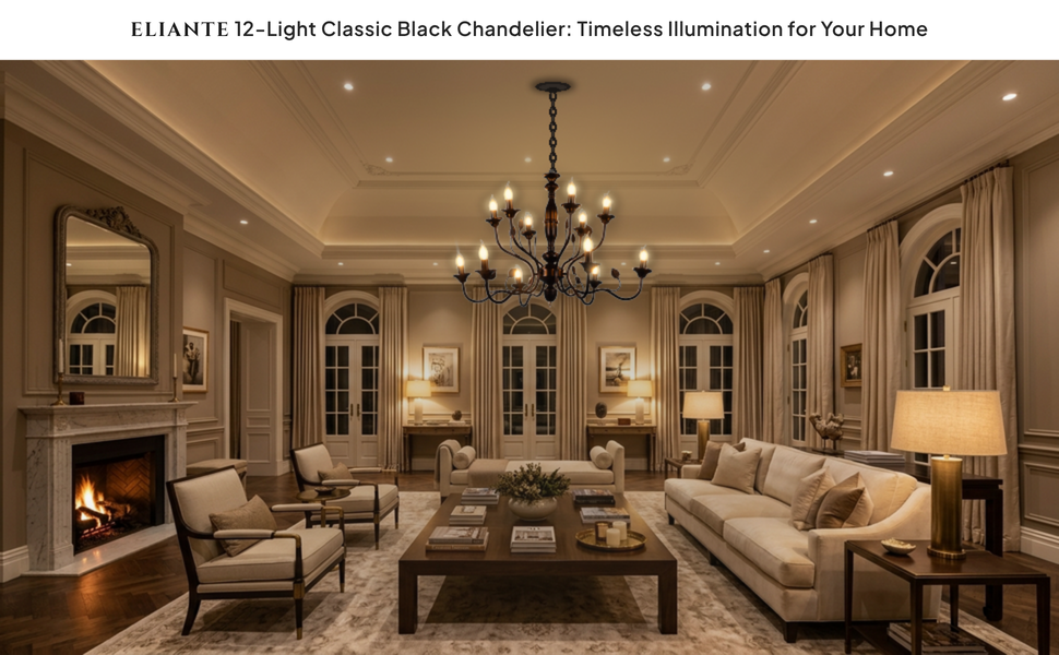 ELIANTE 12-Light Classic Black Chandelier Hero Lifestyle