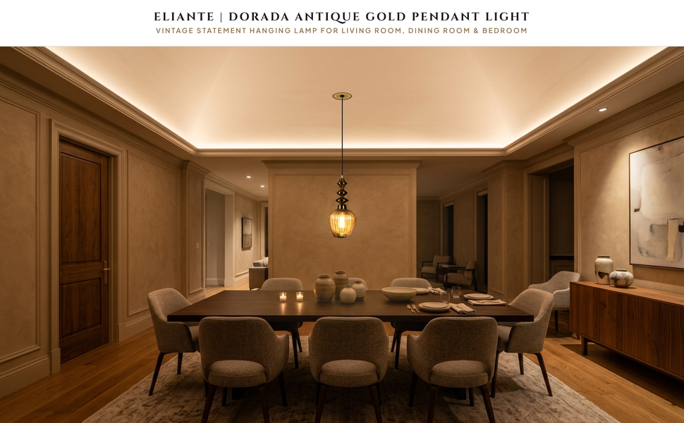 ELIANTE Dorada Iron Hanging Light Antique Gold Pendant Lamp for Living Room, Bedroom, Dining Room,
