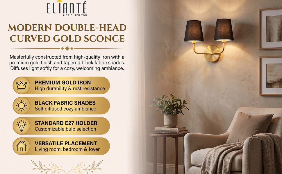 Modern Double Head Wall Light with Curved Gold Iron Body and Tapered Black Fabric Shades,