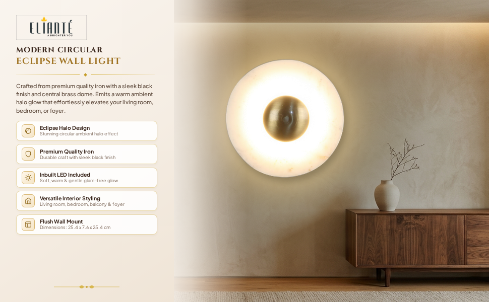 Modern Circular Eclipse Black Iron Wall Light for Living Room Bedroom and Foyer with Inbuilt Led