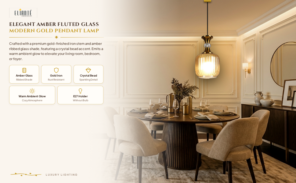 Elegant Amber Fluted Glass Hanging Light Modern Iron Pendant Lamp in Gold Finish for Living Room