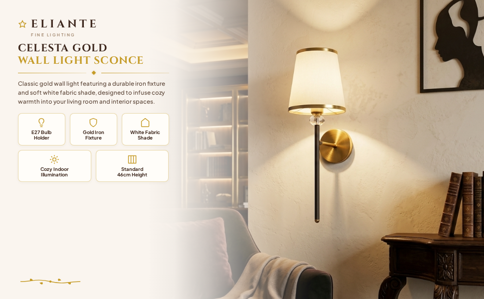 Celesta Gold Wall Light with White Fabric Shade feature panel