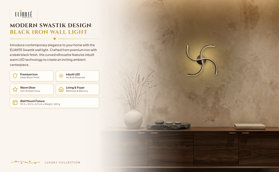 Modern Swastik Design Black Iron Wall Light for Living Room, Bedroom, Balcony, Foyer, Inbuilt Led