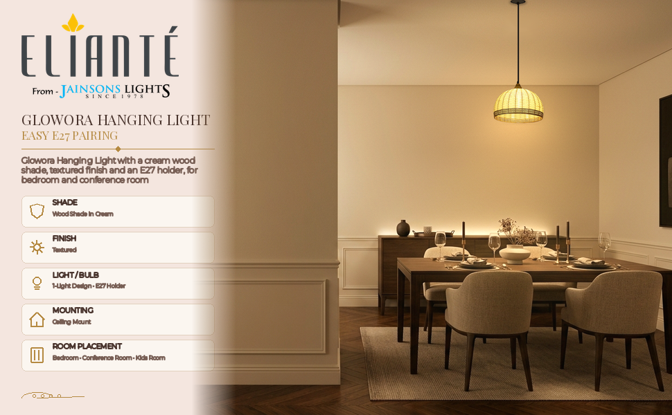ELIANTE Glowora Hanging Light with E27 Holder and Cream Plastic Shade, Pendant Light for Kitchen,