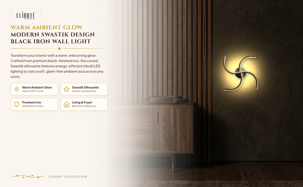 ELIANTE Modern Swastik Design Black Iron Wall Light for Living Room, Bedroom, Balcony, Foyer,