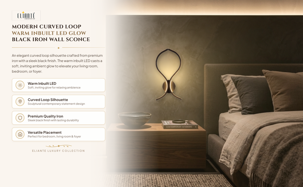 ELIANTE Modern Curved Loop Silhouette Iron Wall Light Black for Living Room Bedroom Foyer, Inbuilt