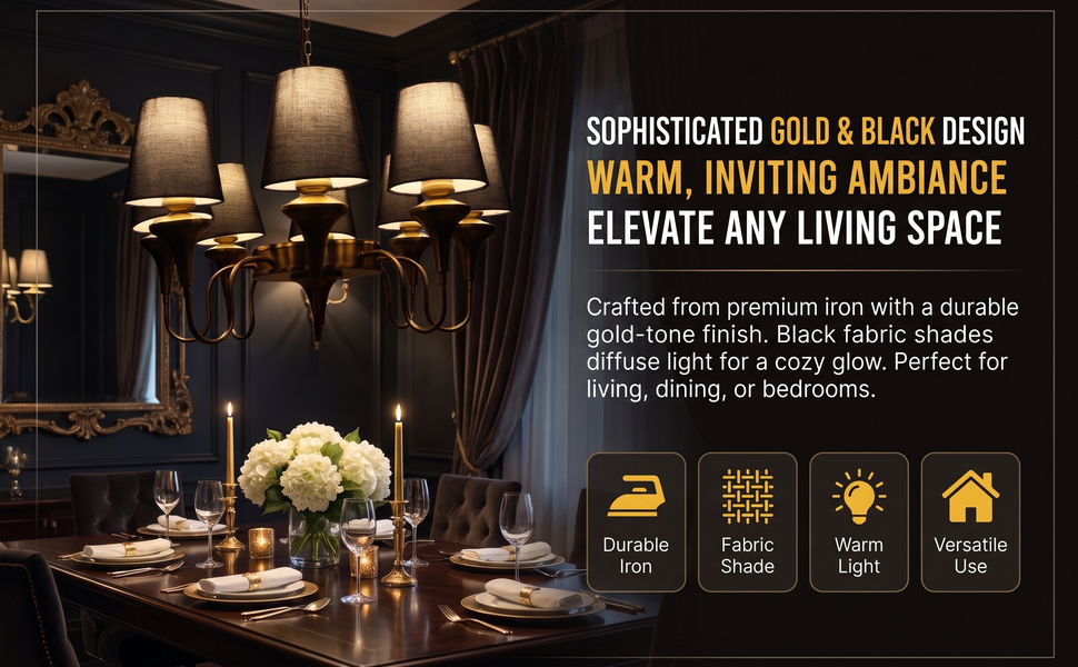 ELIANTE Modern Elegant Eight Light Chandelier with Black Fabric Shades, Gold Iron Decorative