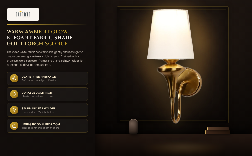 ELIANTE Elegant Modern Gold Iron Wall Light with Fabric Cone Shade for Living Room and Bedroom, E27