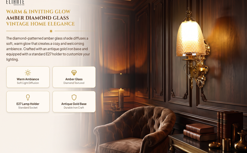 ELIANTE Antique Ornate Gold Iron Wall Light with Amber Diamond Textured Glass Shade for Living