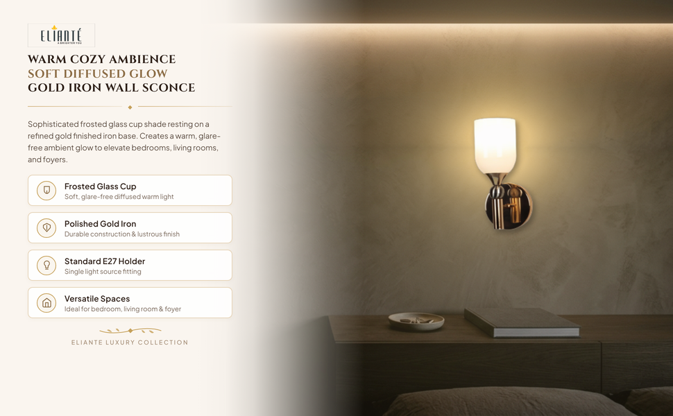 ELIANTE Elegant Frosted Glass Cup Gold Iron Wall Light for Living Room, Bedroom, Foyer and Balcony,