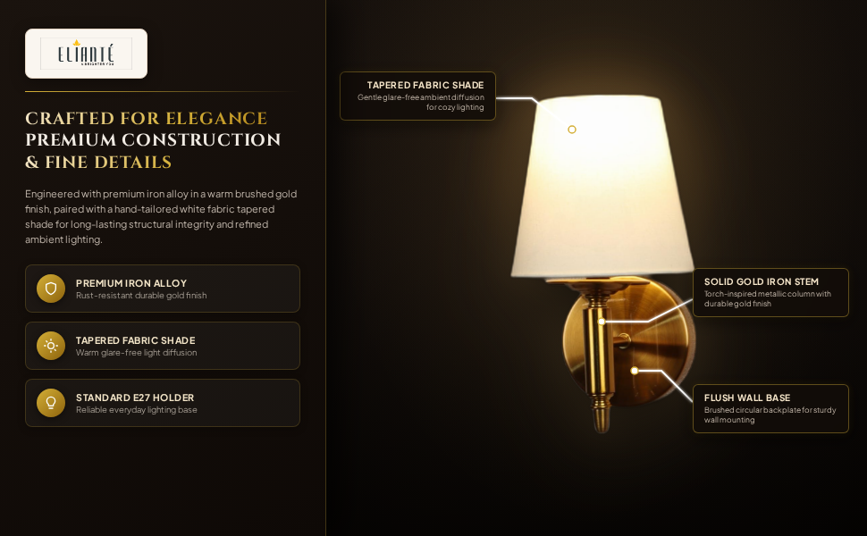 Modern Classic Wall Sconce Gold Iron Wall Light with Elegant White Fabric Shade for Living Room