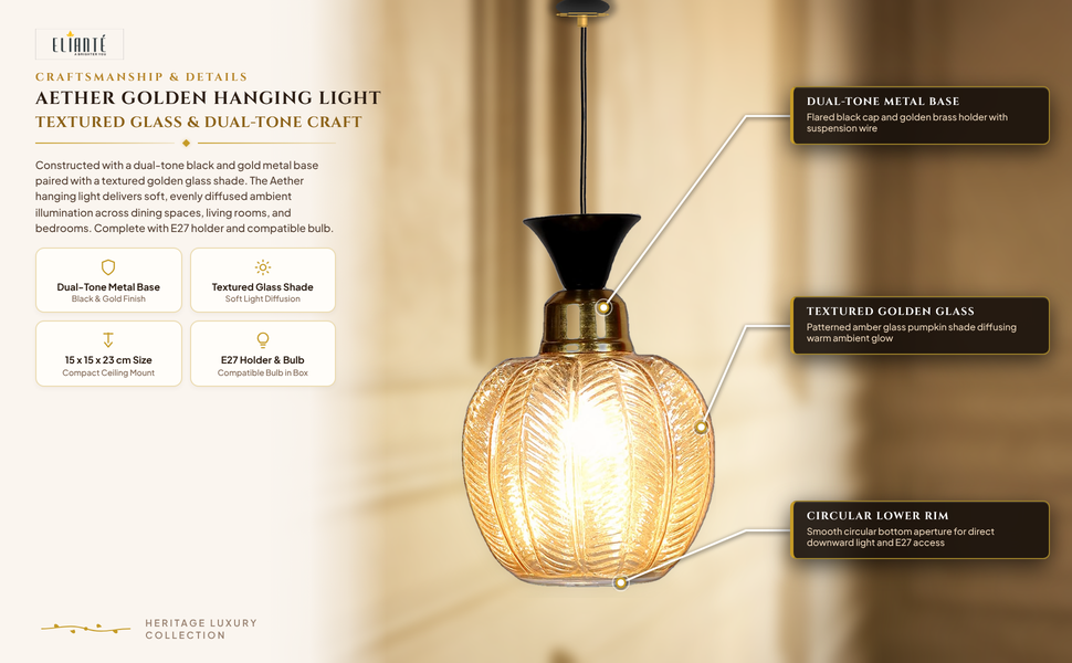 Aether Hanging Light with E27 Holder and Gold Glass Shade construction detail
