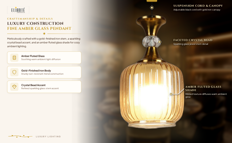 Elegant Amber Fluted Glass Hanging Light Modern Iron Pendant Lamp in Gold Finish for Living Room
