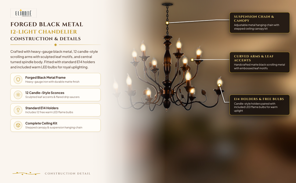 12-Light Classic Black Chandelier construction detail