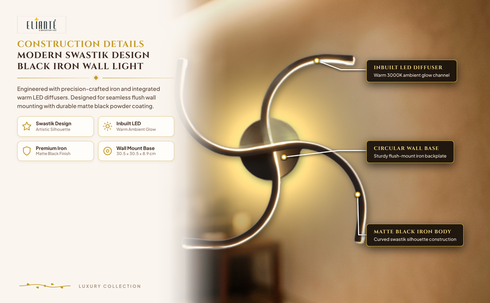 Modern Swastik Design Black Iron Wall Light for Living Room, Bedroom, Balcony, Foyer, Inbuilt Led
