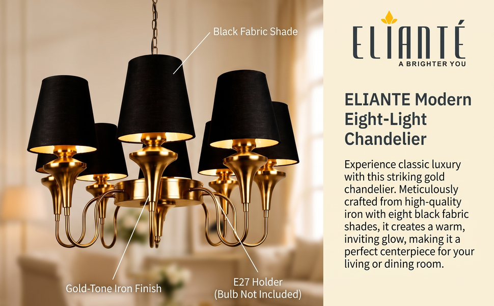 Modern Elegant Eight Light Chandelier with Black Fabric Shades, Gold Iron Decorative Hanging