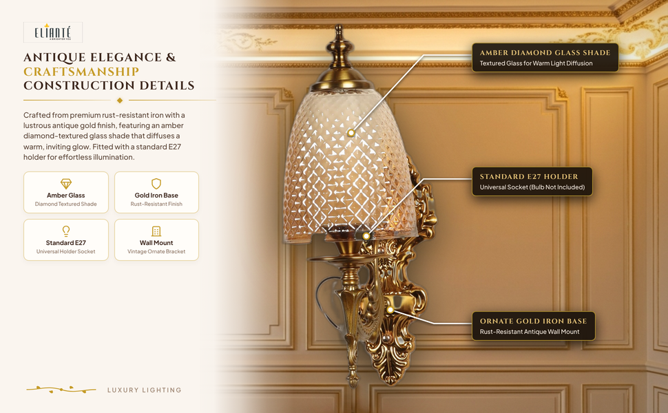 Antique Ornate Gold Iron Wall Light with Amber Diamond Textured Glass Shade for Living Room,