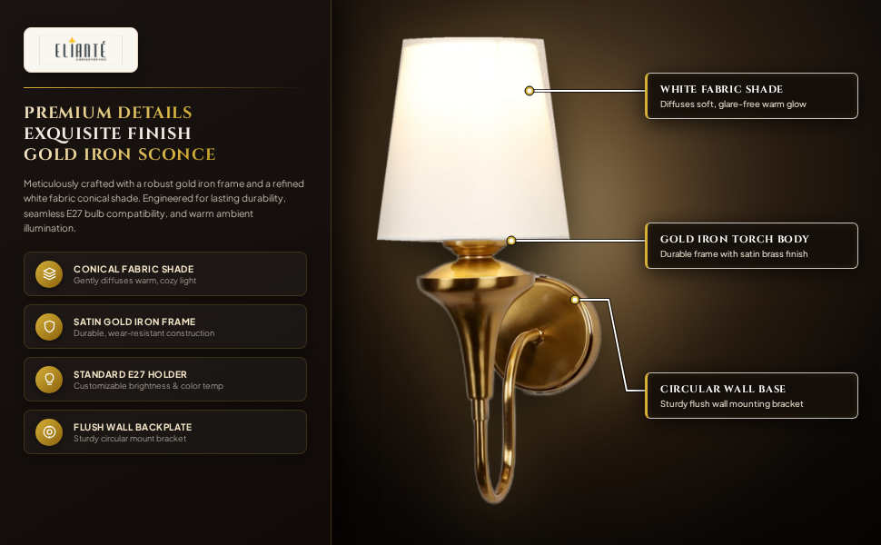 Elegant Modern Gold Iron Wall Light with Fabric Cone Shade for Living Room and Bedroom, E27 Holder,