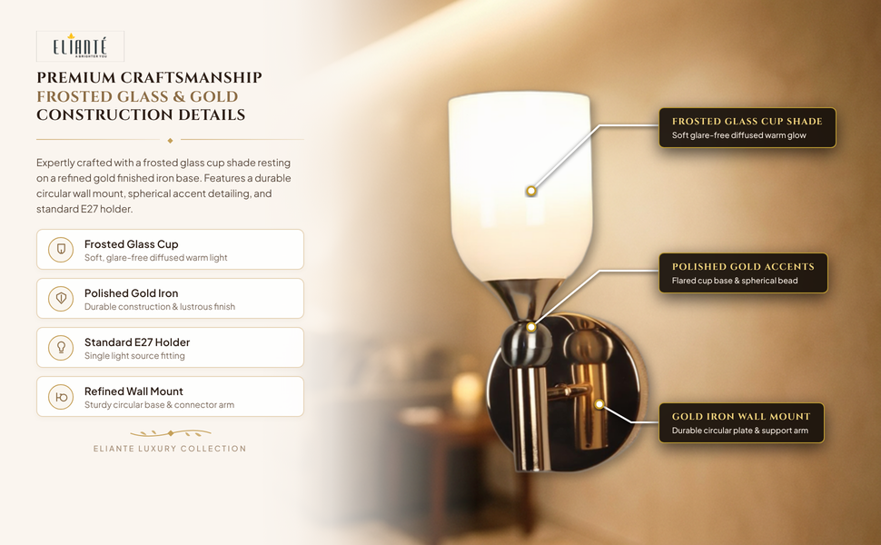 Elegant Frosted Glass Cup Gold Iron Wall Light for Living Room, Bedroom, Foyer and Balcony, E27