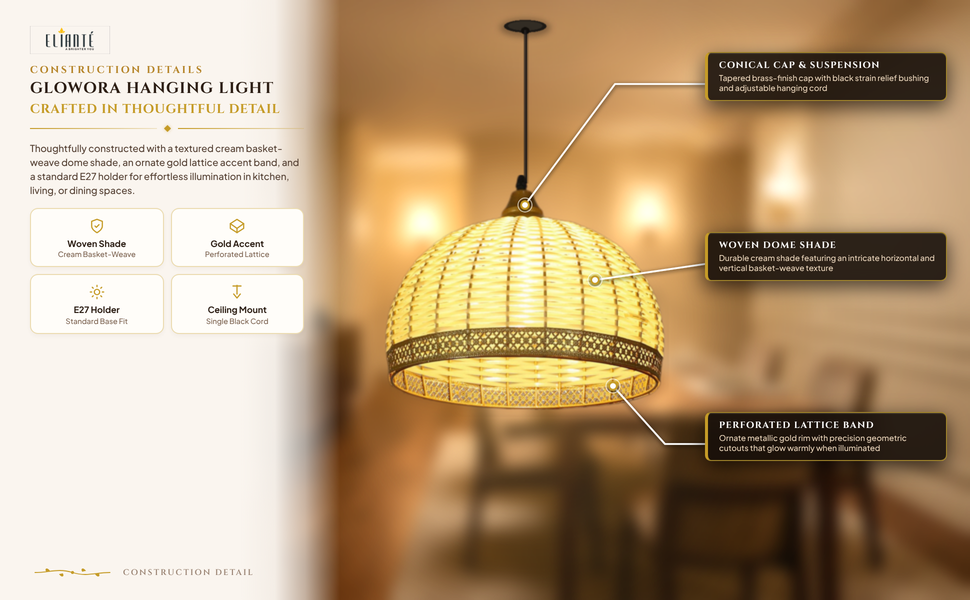 Glowora Hanging Light with E27 Holder and Cream Plastic Shade, Pendant Light for Kitchen, Bar, Home