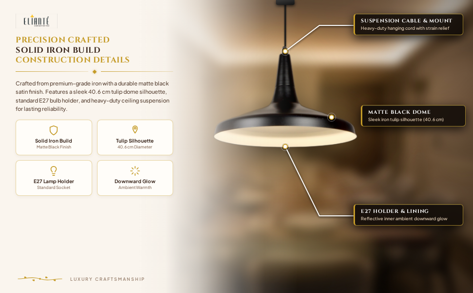 Modern Tulip Dome Hanging Light Black Iron Pendant Ceiling Lamp for Living Room Bedroom Dining Hall