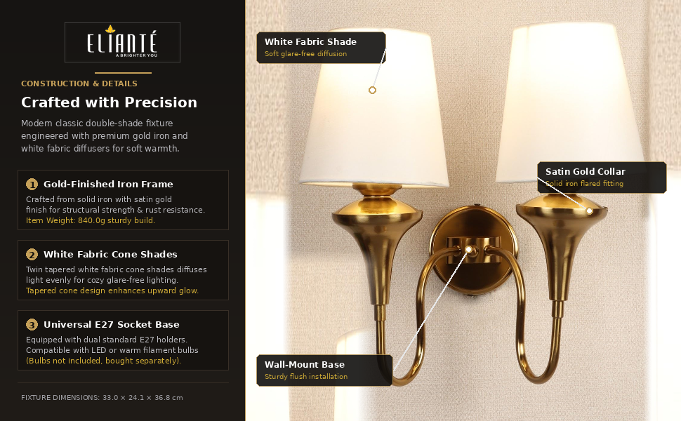 Modern Classic Double Shade Gold Iron Wall Light for Living Room, Bedroom and Foyer, E27 Holder,