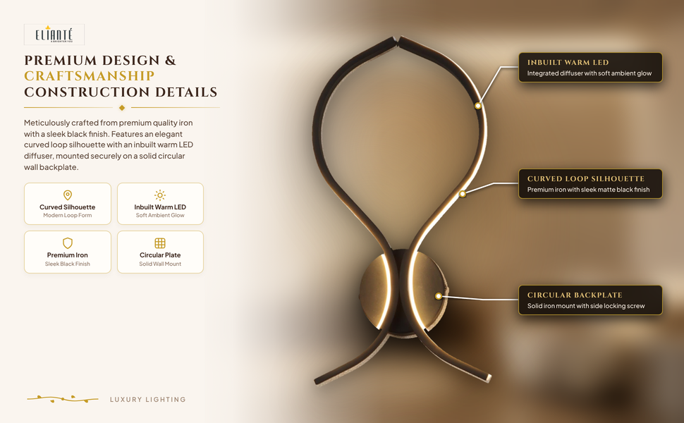 Modern Curved Loop Silhouette Iron Wall Light Black for Living Room Bedroom Foyer, Inbuilt Led,