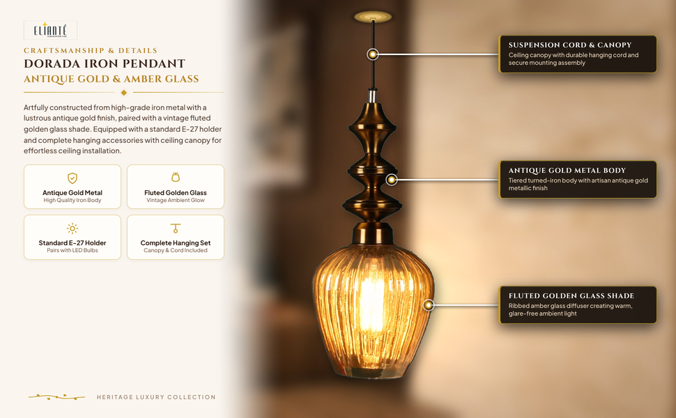 Dorada Iron Hanging Light Antique Gold Pendant Lamp for Living Room, Bedroom, Dining Room, Kitchen