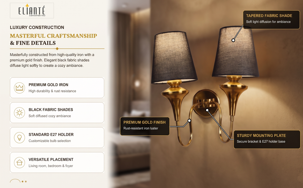 Modern Double Head Wall Light with Curved Gold Iron Body and Tapered Black Fabric Shades,