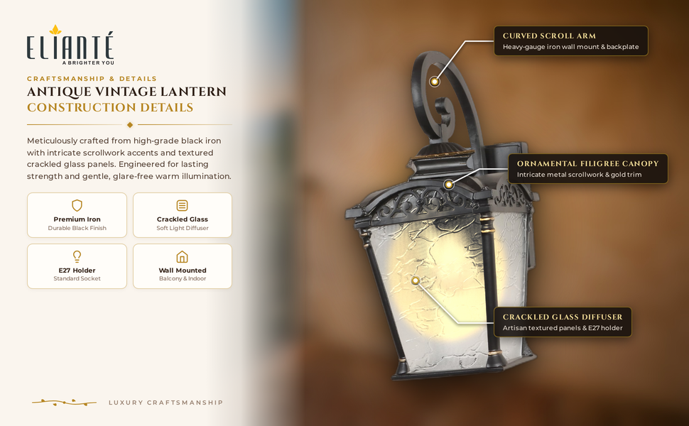 Antique Vintage Lantern Style Black Iron Wall Light for Balcony, Bedroom, Living Room and Foyer,