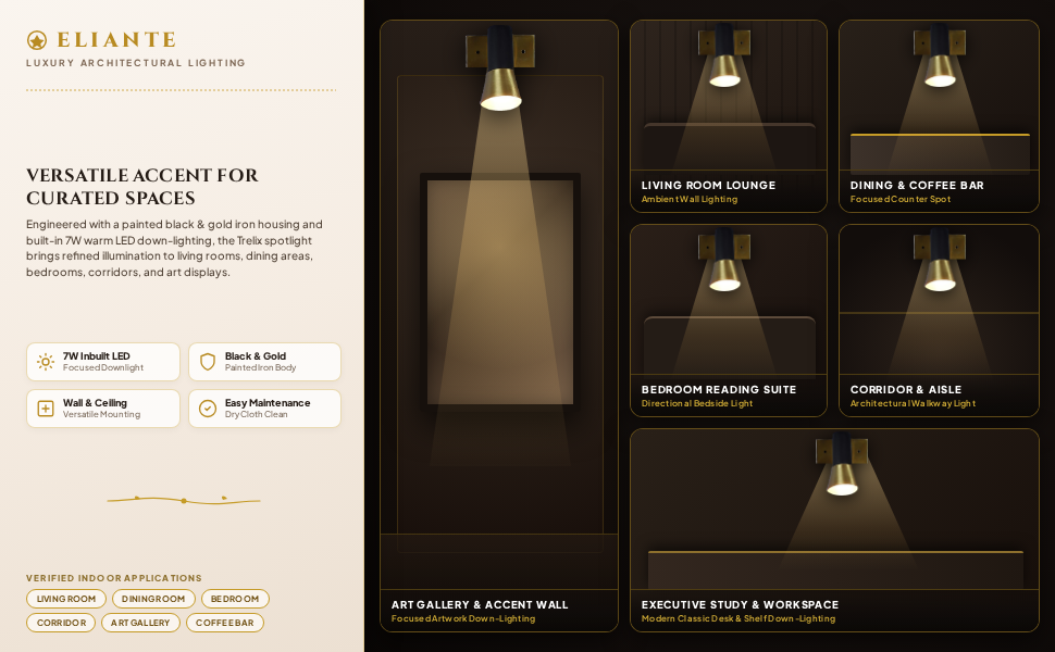 ELIANTE Trelix 7 Watt LED Black and Gold Iron Spot Light Room Lifestyle Grid