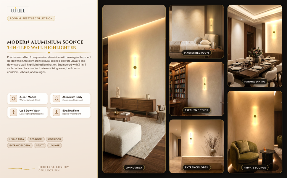 ELIANTE Modern Aluminium LED Wall Highlighter Light 3-in-1 Colour Changing (Warm/Natural/Cool
