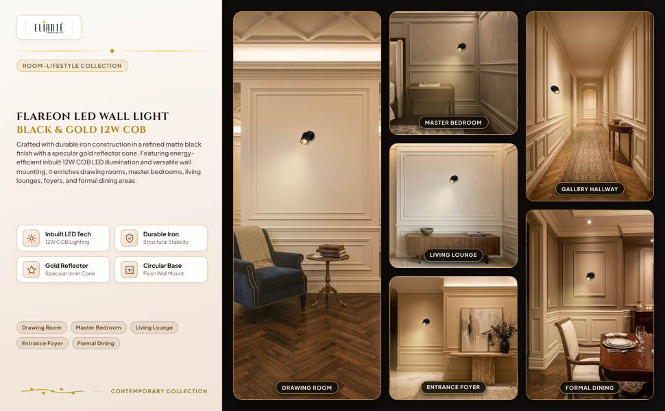 ELIANTE Flareon Black & Gold LED Wall Light with White Base Room Lifestyle Grid