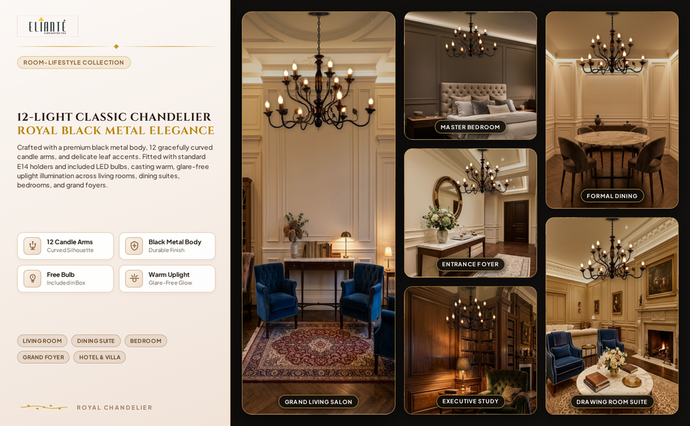 ELIANTE 12-Light Classic Black Chandelier Room Lifestyle Grid