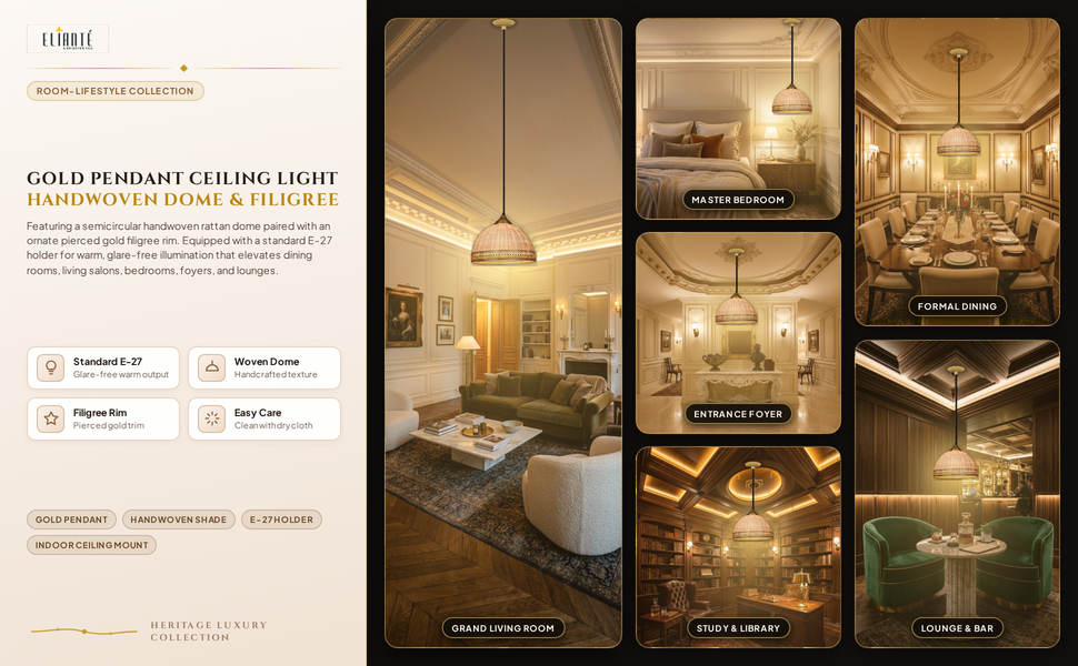 ELIANTE Metal Hanging Light Gold Pendant Light for Living Room-AC Room Lifestyle Grid