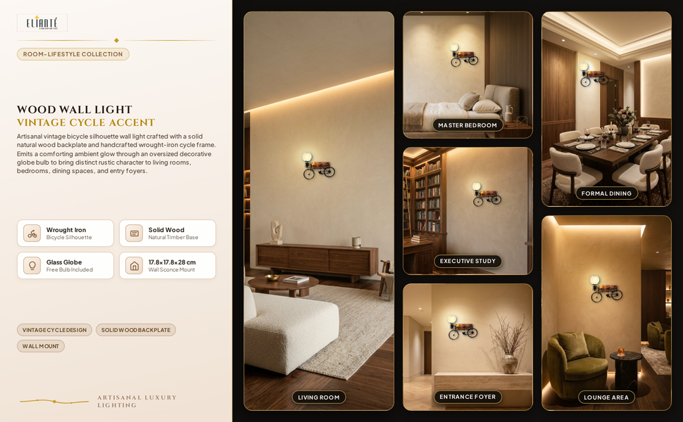 ELIANTE Wood Wall Light Wooden Cycle Design Wall Light Lamp for Living Room, Bedroom, Dining Room