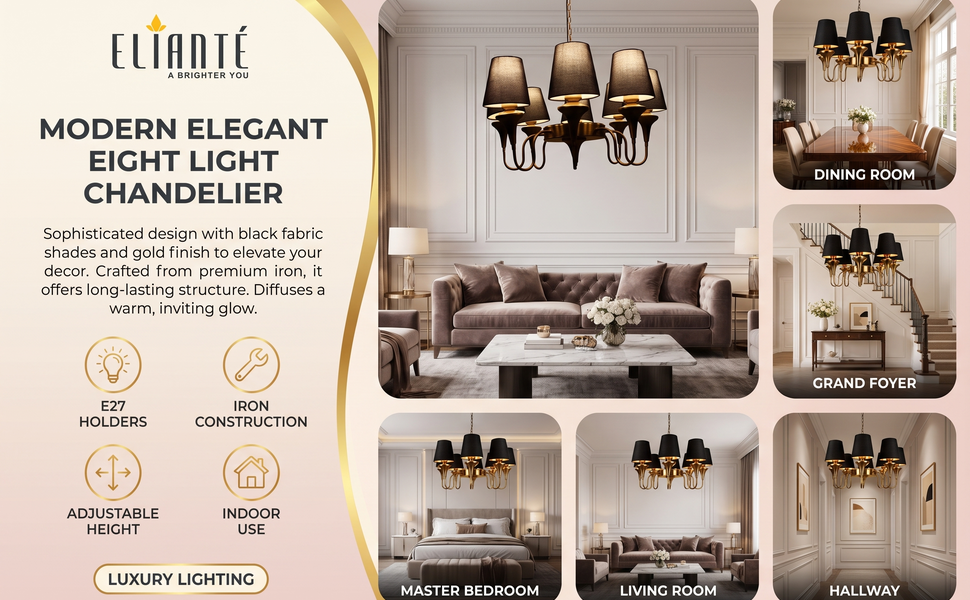 ELIANTE Modern Elegant Eight Light Chandelier with Black Fabric Shades, Gold Iron Decorative