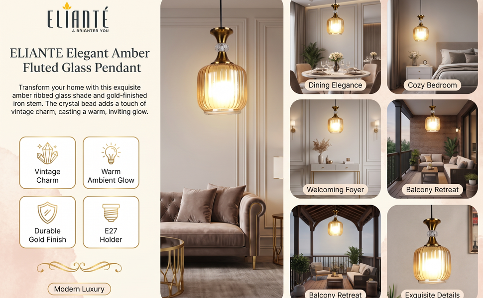 ELIANTE Elegant Amber Fluted Glass Hanging Light Modern Iron Pendant Lamp in Gold Finish for Living