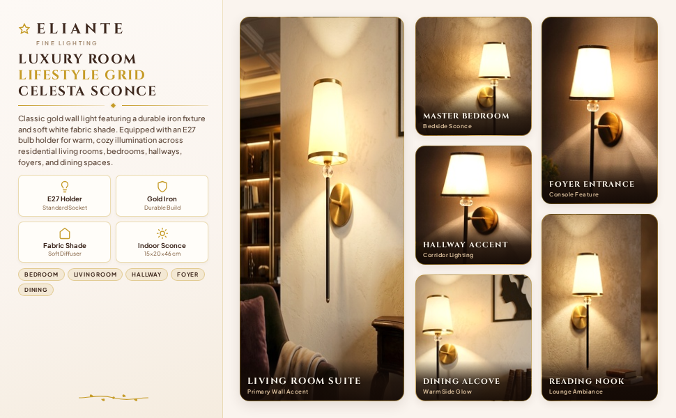 ELIANTE Celesta Gold Wall Light with White Fabric Shade Room Lifestyle Grid