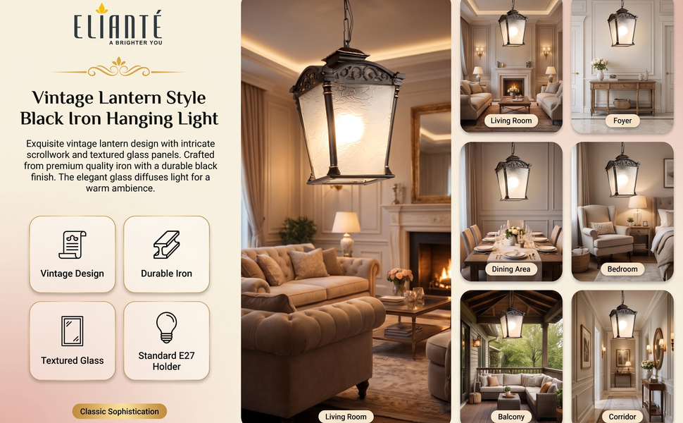 ELIANTE Vintage Lantern Style Black Iron Hanging Light with E27 Holder for Living Room Bedroom