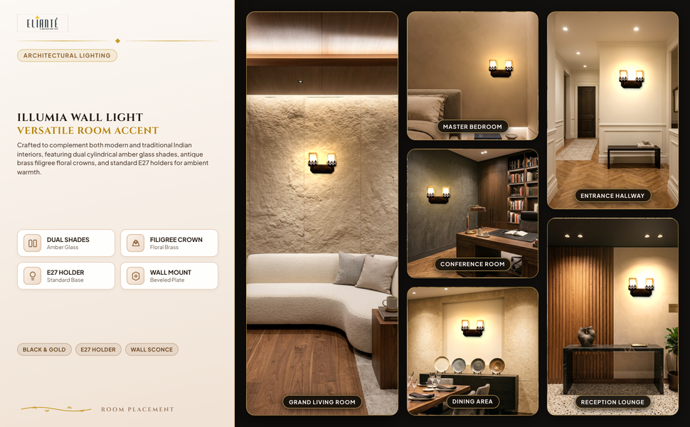 ELIANTE Illumia Wall Light with Black & Gold Glass Shade Room Lifestyle Grid