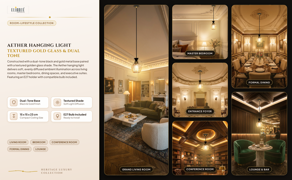ELIANTE Aether Hanging Light with E27 Holder and Gold Glass Shade Room Lifestyle Grid